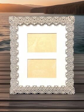 Rare Woods Pewter Filigree Double Picture Frame Faux Pearl Rhinestone Victorian